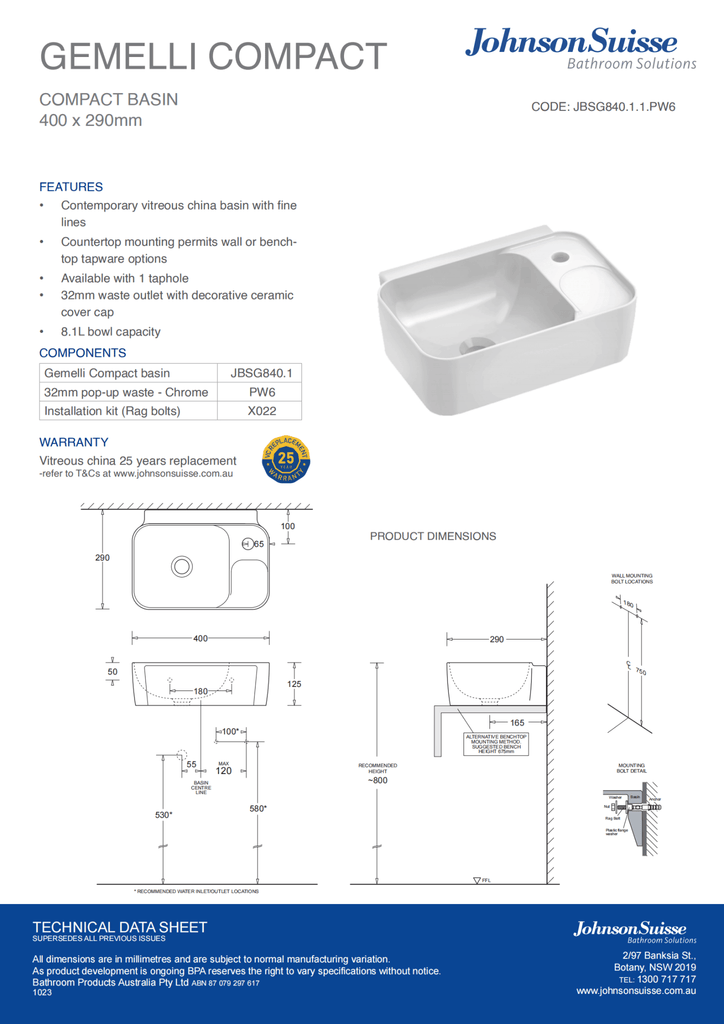 Gemelli Compact Wall Basin | Johnson Suisse - Hera Bathware