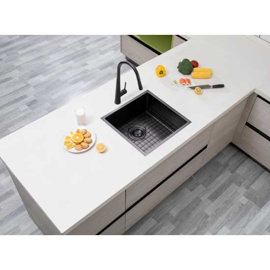 Gun Metal Grey 440x440x205mm Satin Stainless Steel Handmade Single Bowl Sink for Flush Mount and Undermount - Hera BathwareGun Metal