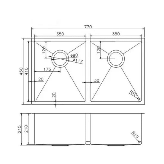 Gun Metal Grey 770x450x215mm 1.2mm Handmade Top/Undermount Double Bowls Kitchen Sink - Hera BathwareGun Metal