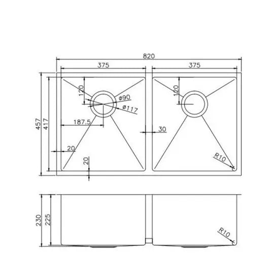 Gun Metal Grey 820x457x230mm 1.2mm Handmade Top/Undermount Double Bowls Kitchen Sink - Hera BathwareGun Metal
