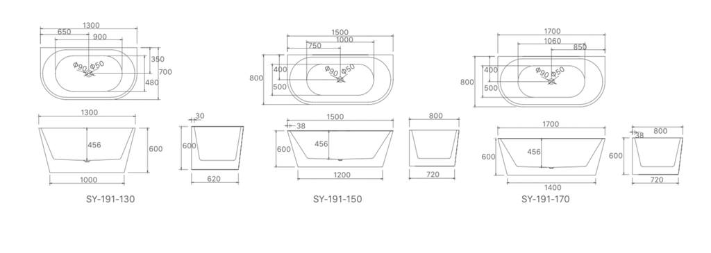 Hannah Back to Wall Bathtub 1300/1500/1700mm - Hera Bathware1300mm