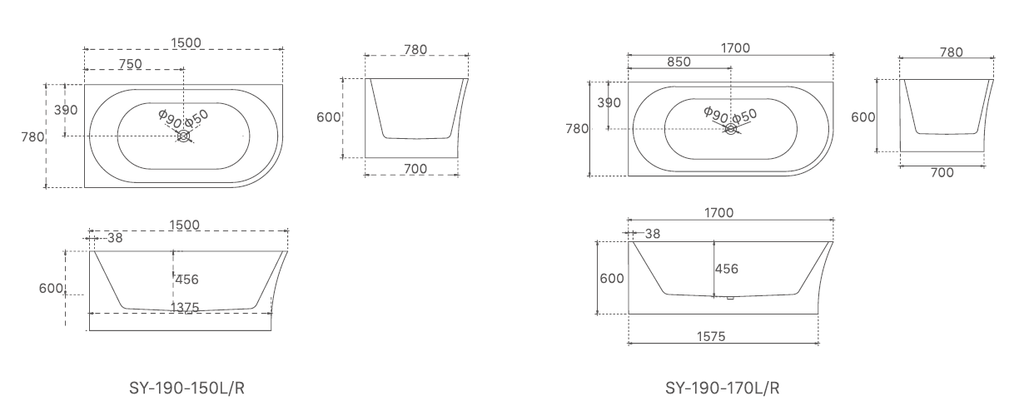 Harper Corner Back to Wall Bathtub 1500/1700mm - Hera BathwareLeft Corner1500mm