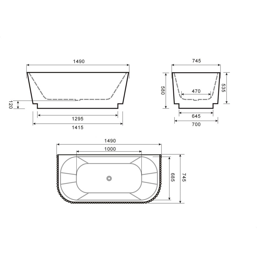 Havana Back To Wall Fluted Bathtub - Hera Bathware1500mmGloss White