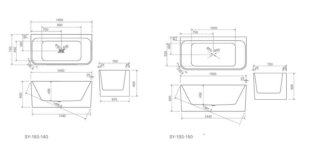 Helix Back to Wall Bathtub 1400/1500 | AZURA - Hera Bathware1400mm