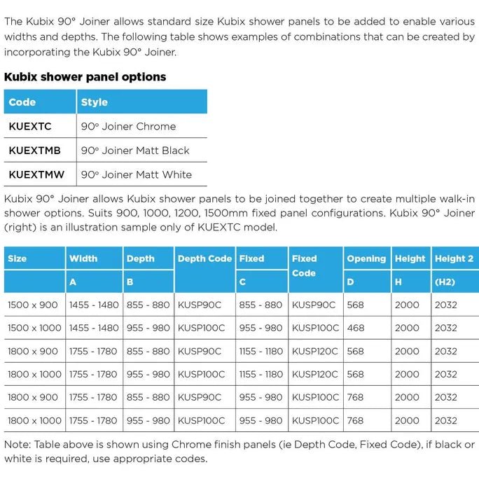 Kubix Shower Walk - in Panel with Kubix Joiner | Oceano - Hera Bathware X Oceano KUSP90C+KUEXTC | 900mm (823 - 843)Chrome Joiner