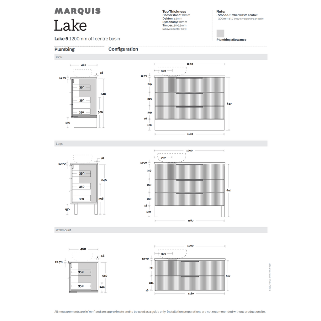 Lake 4/5/6 | 1200mm Bathroom Wall Hung Vanity - Hera BathwareCenter BowlSymphony Top