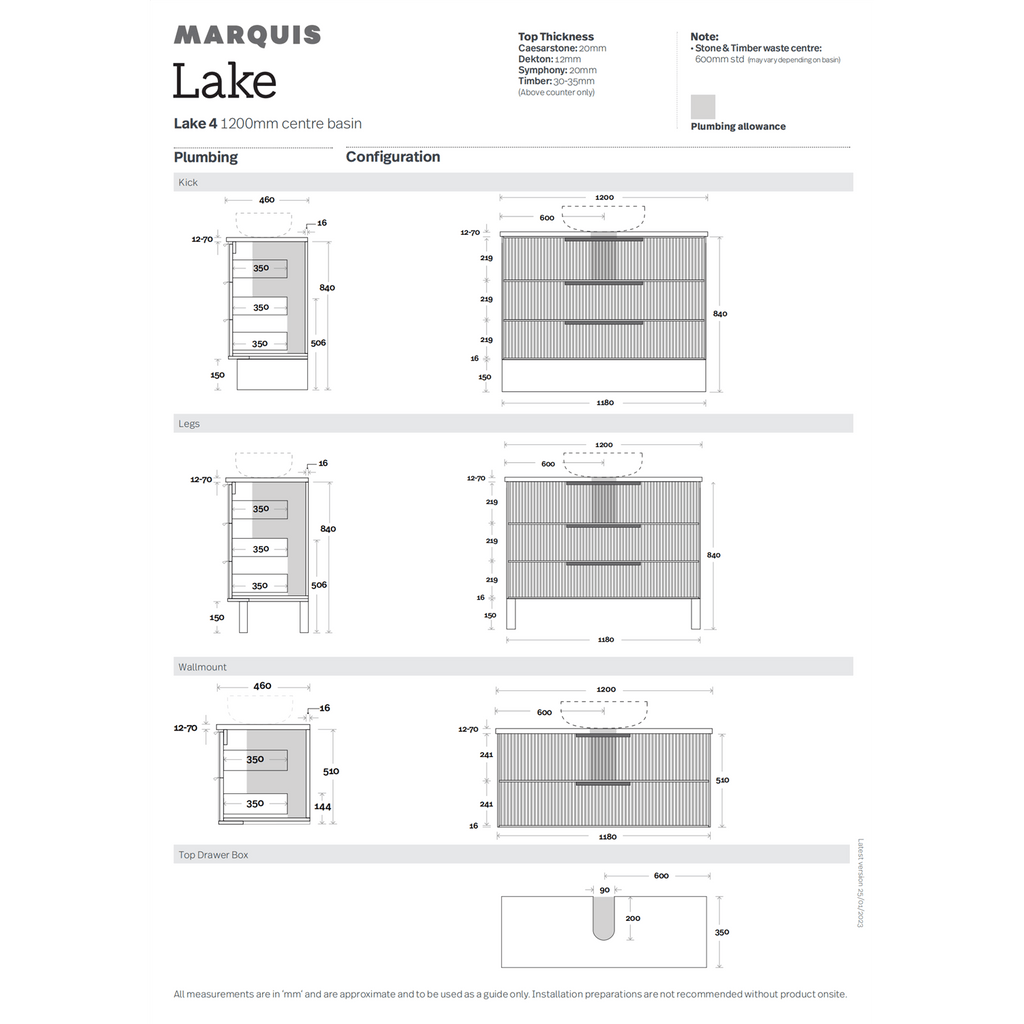 Lake 4/5/6 | 1200mm Bathroom Wall Hung Vanity - Hera BathwareCenter BowlSymphony Top