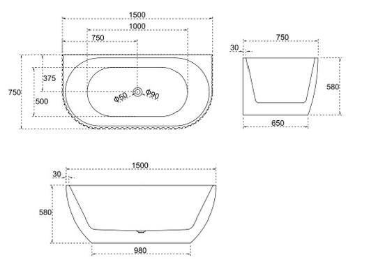 Lamont Back to Wall Fluted Bathtub 1500/1700mm - Hera Bathware1500mm