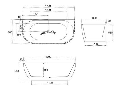 Lamont Back to Wall Fluted Bathtub 1500/1700mm - Hera Bathware1500mm