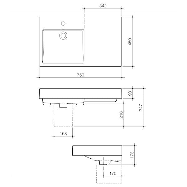LIANO NEXUS Wall Basin 750mm Right Hand Shelf | CAROMA - Hera BathwareLiano Nexus 750 Wall Basin RHS - One Tap Hole