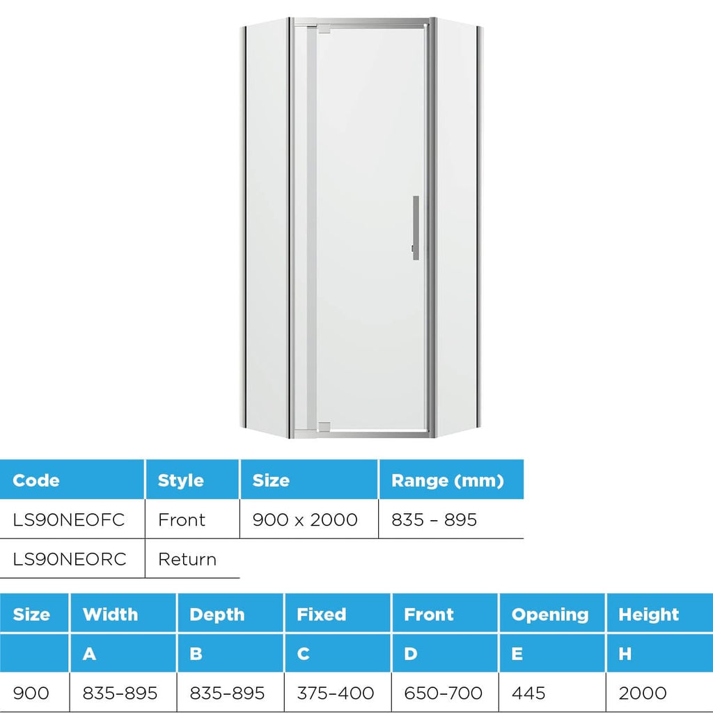 Louve Neo Angle Diamond Pivot Shower Screen | Oceano - Hera Bathware X Oceano LS90NEOFC+LS90NEORC | Chrome900x900mm