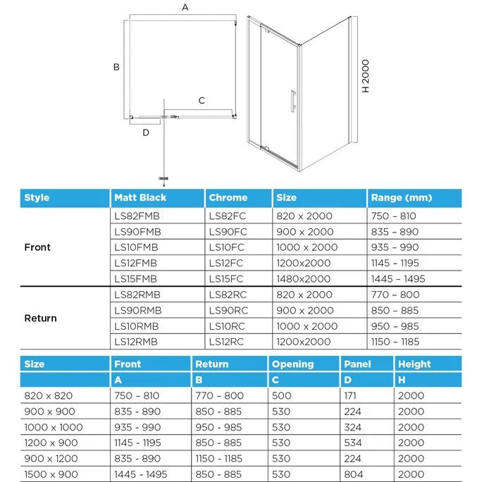 Louve Square Pivot Shower Screen | Oceano - Hera Bathware X Oceano LS82FMB | Matte Black820mm (750 - 810)