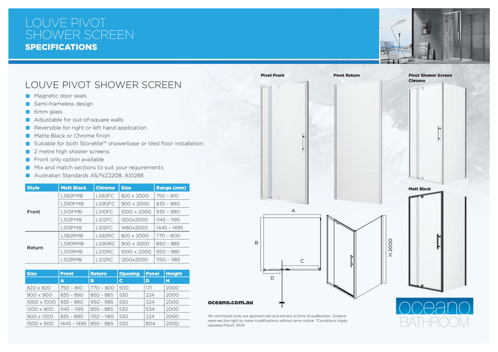 Louve Square Pivot Shower Screen | Oceano - Hera Bathware X Oceano LS82FMB | Matte Black820mm (750 - 810)
