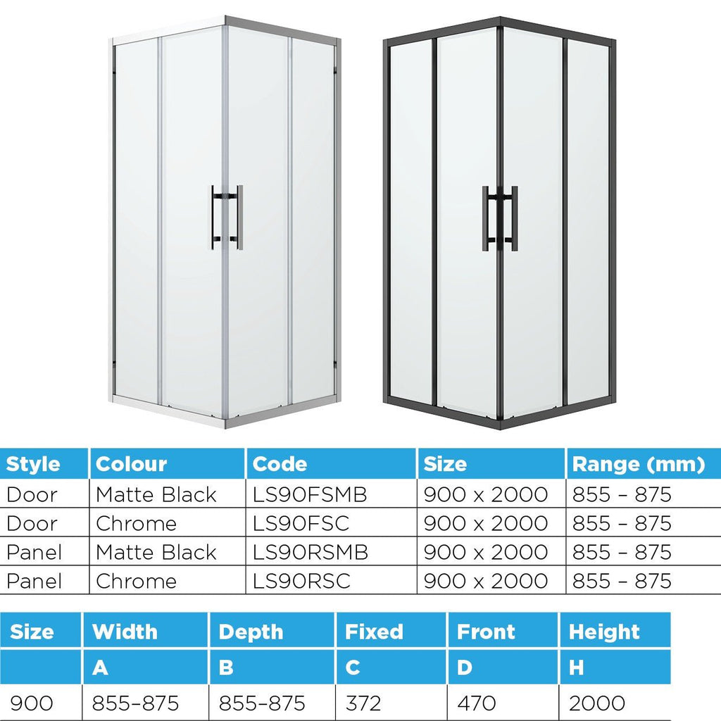 Louve Square Slider Corner Entry Shower screen | Oceano - Hera Bathware X Oceano LS90FSMB+LS90RSMB | Black900x900mm