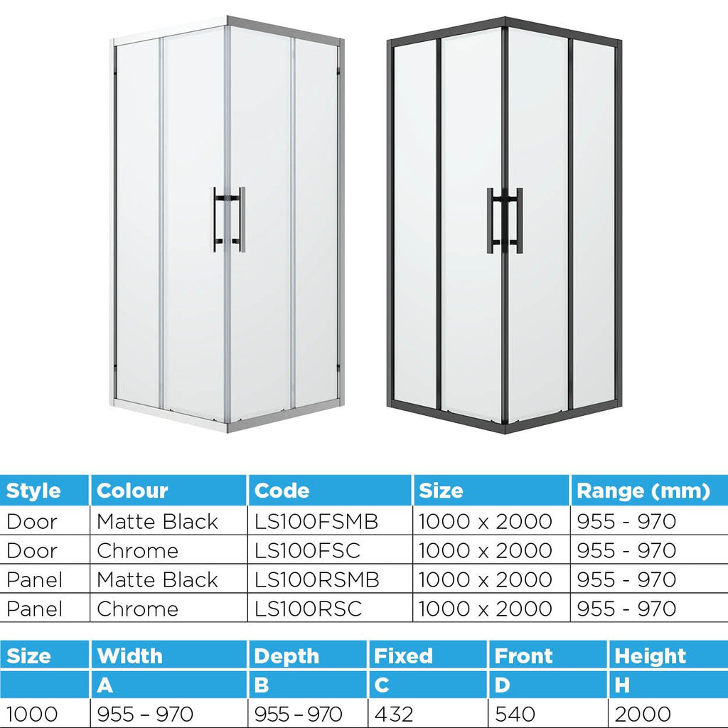 Louve Square Slider Corner Entry Shower screen | Oceano - Hera Bathware X Oceano LS90FSMB+LS90RSMB | Black900x900mm