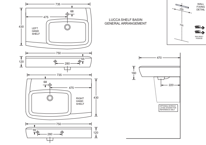 Lucca shelf basin left shelf with shroud - Hera BathwareLucca shelf basin right shelf with shroud