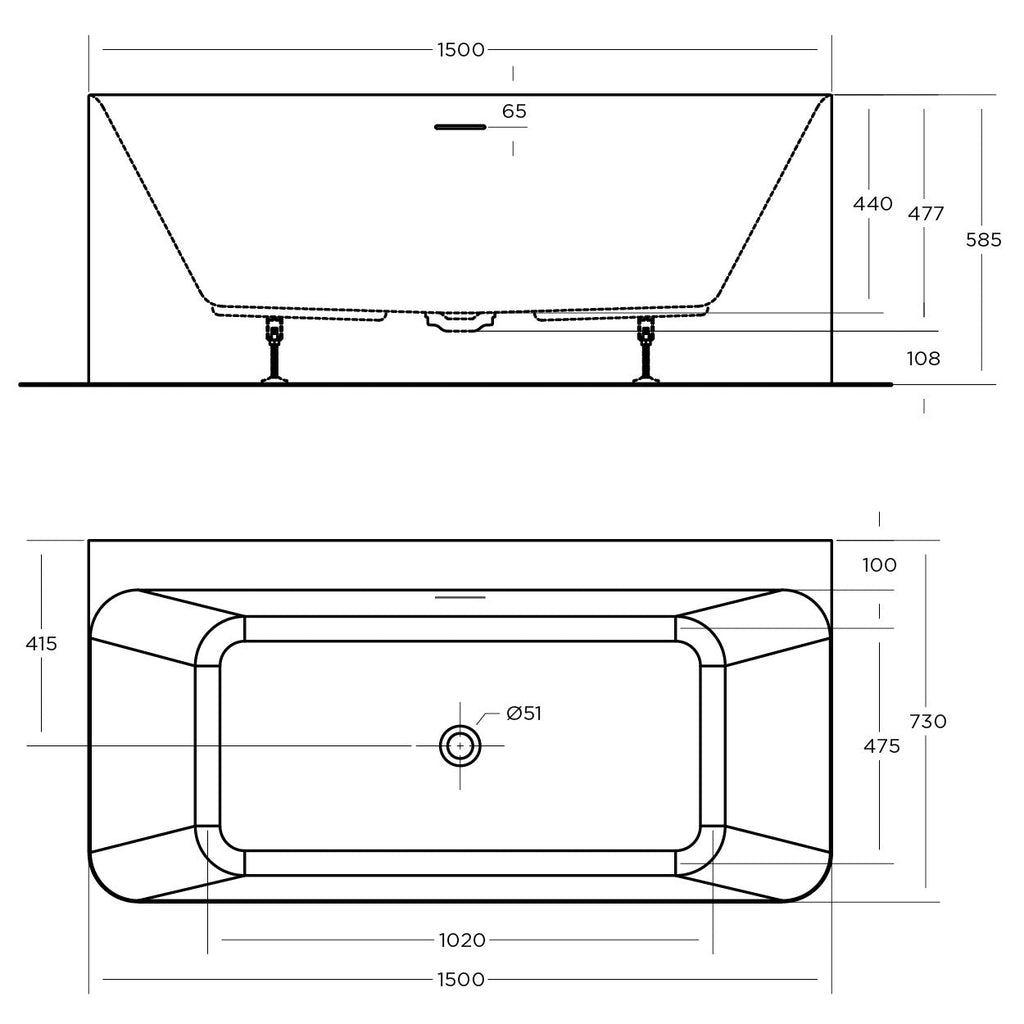 Lunus Bath Tub Back to Wall | Oceano - Hera Bathware1500mmBack To Wall