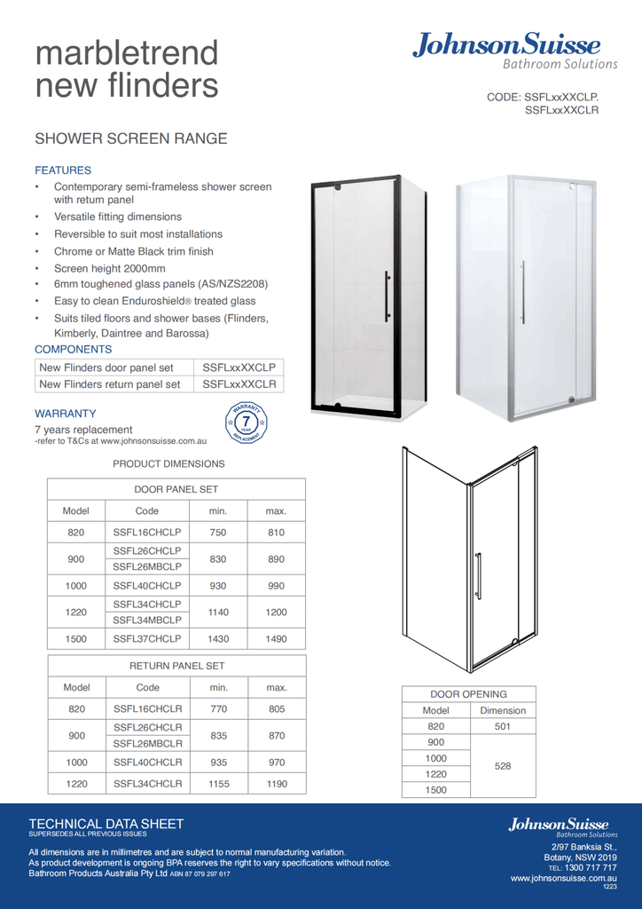 Marbletrend Flinders Semi Pivot Door Matte Black - Hera Bathware X Johnson Suisse SSFL26MBCLP+SSFL26MBCLR | 900mm900mm