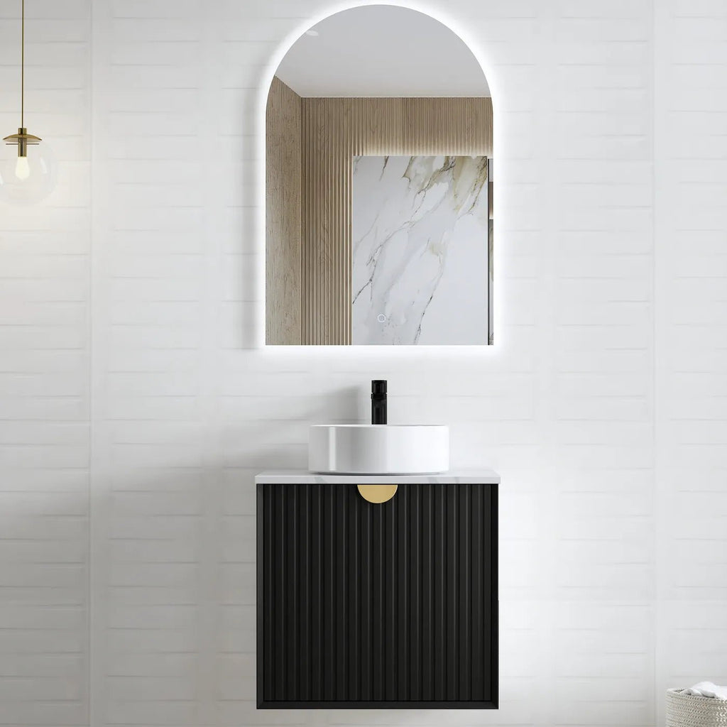Marlo 600 - 1500mm Satin Black Wall Hung Vanity - Hera Bathware X Otti MA600BSTUD - CA | 600mmCloudy Carrara Flat Stone Top