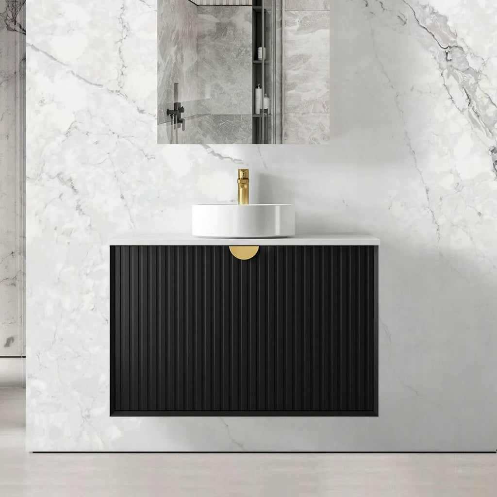 Marlo 600 - 1500mm Satin Black Wall Hung Vanity - Hera Bathware X Otti MA900BSTUD - CA | 900mmPure White Flat Stone Top