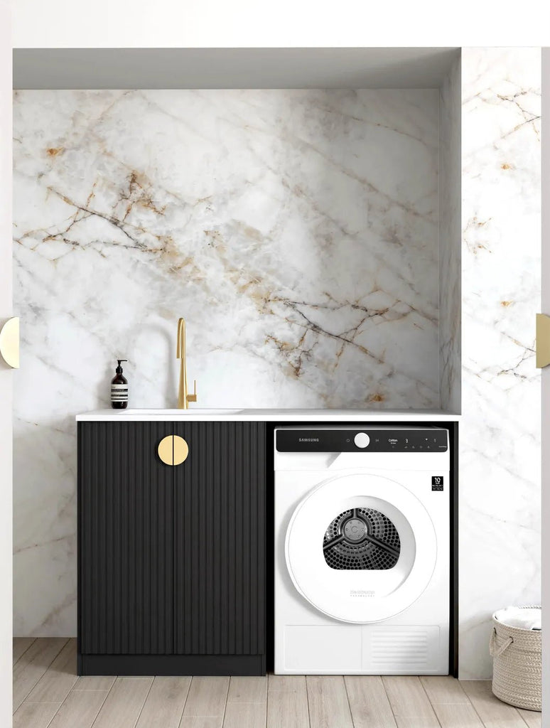 Marlo Black 1300mm Laundry Cabinet with Stone - Hera BathwarePure White Quartz TopStainless Steel