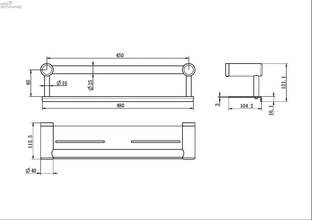 MECCA CARE 25MM GRAB RAIL WITH SHELF 450MM - Hera BathwareBrushed Bronze