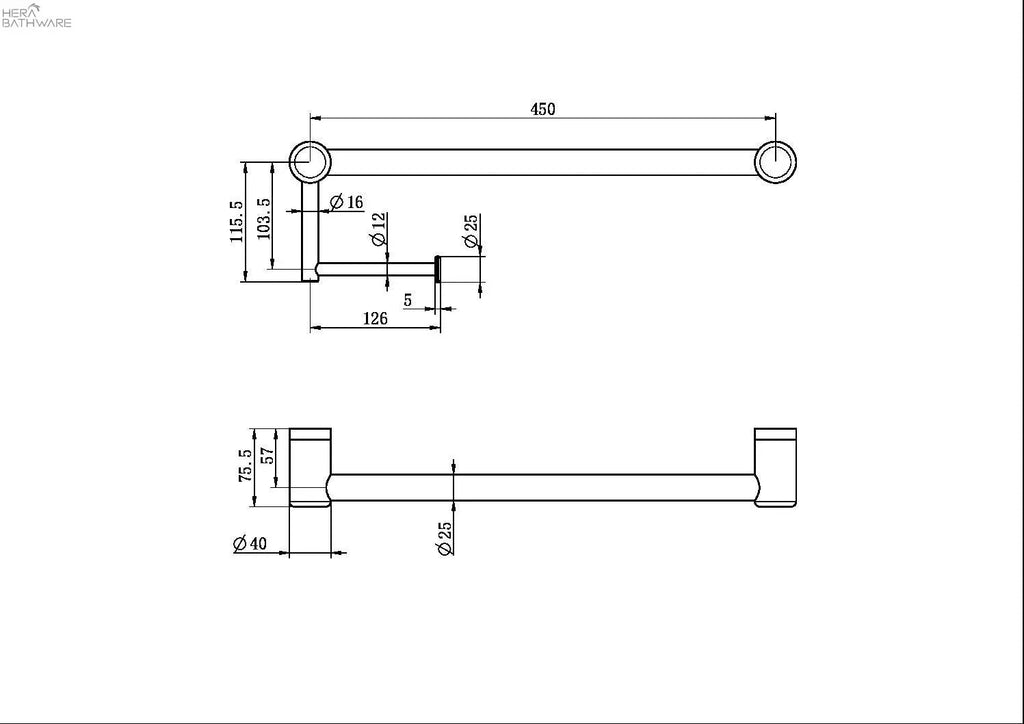 Mecca Care 25mm Grab Rail with Toilet Roll Holder 450mm - Hera BathwareBrushed Nickel