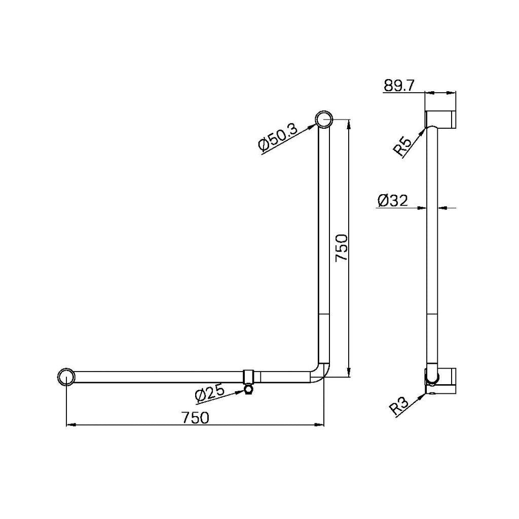 MECCA Care 32mm 90Degree NZ4121 Accessible Toilet Grab Rail 750X750mm - Hera Bathware X Nero Tapware NRCR3290BGM | Gun MetalGrab Rail Only