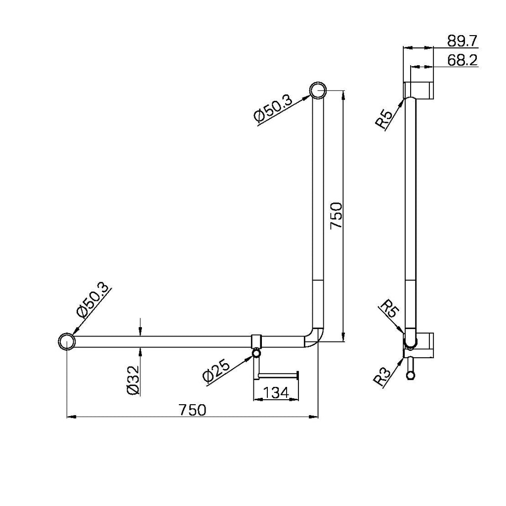 MECCA Care 32mm 90Degree NZ4121 Accessible Toilet Grab Rail 750X750mm - Hera Bathware X Nero Tapware NRCR3290BGM | Gun MetalGrab Rail Only