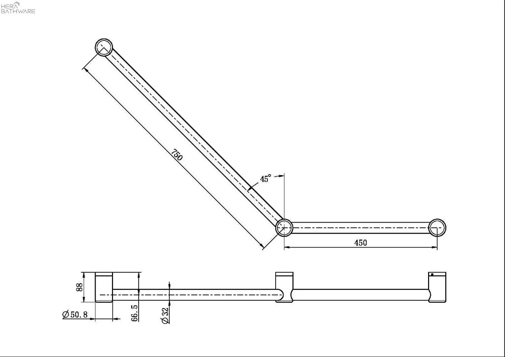 MECCA CARE 32MM AMBULANT TOILET GRAB RAIL 45 DEGREE 750X450MM NRCR3245A - Hera BathwareGun Metal