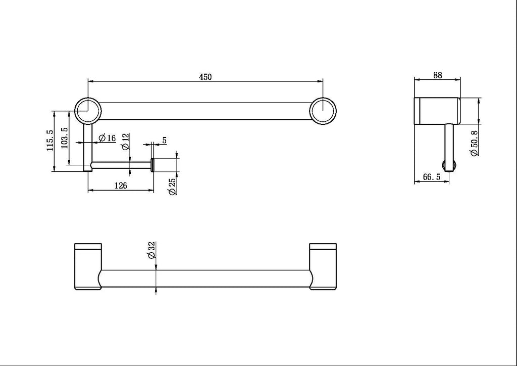Mecca Care 32mm Grab Rail with Toilet Roll Holder 450mm - Hera BathwareGun Metal