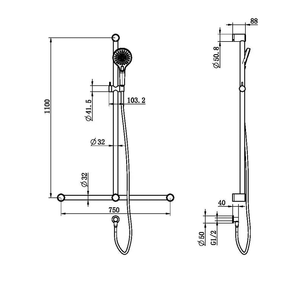 Mecca Care 32mm T Bar Grab Rail and Adjustable Shower Set 1100x750mm - Hera BathwareChrome