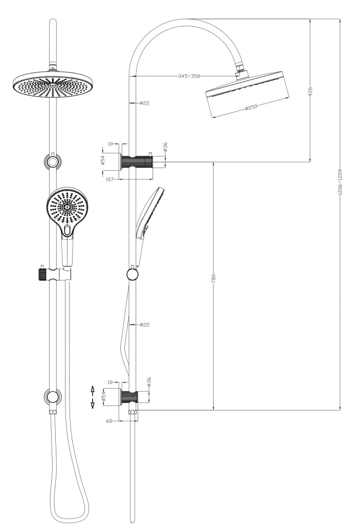 Mica Fluted Gooseneck Dual Shower Rail - Hera Bathware X Bella Vista DSH - R - 6H - NR - FG | French Gold
