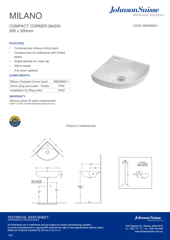 Milano Corner Compact Basin 300x300mm | Johnson Suisse - Hera Bathware