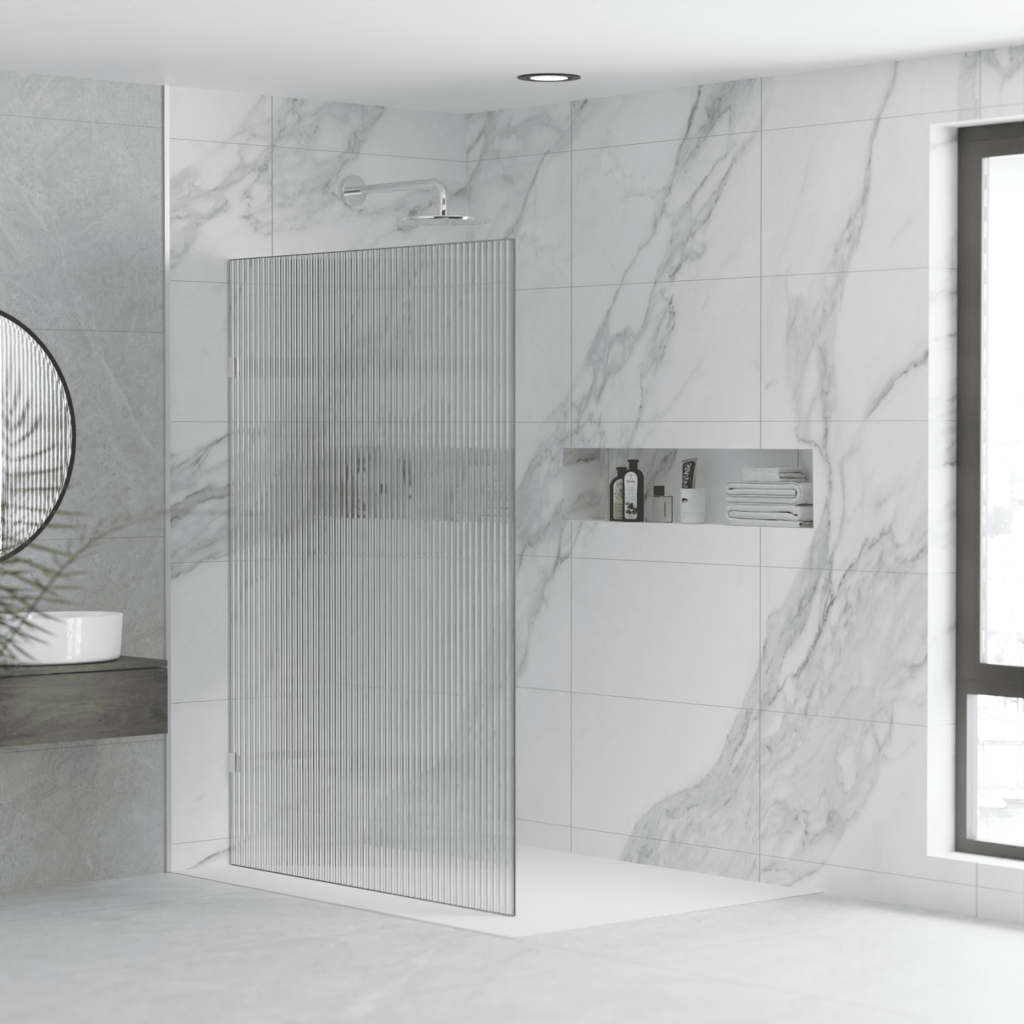 Milano Fluted/Reeded Walk in Frameless Shower Fixed Panel | Convex - Hera Bathware900mm
