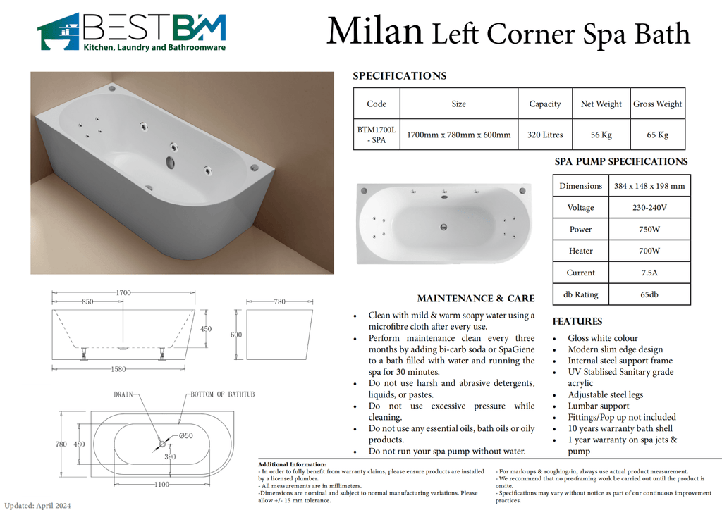 Millan Corner to Left 1500/1700mm Spa Bathtub - Hera Bathware1500mm3 Large Jets & 8 Mini Jets