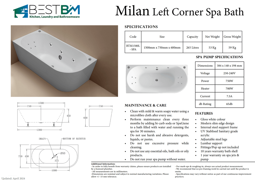 Millan Corner to Left 1500/1700mm Spa Bathtub - Hera Bathware1500mm3 Large Jets & 8 Mini Jets