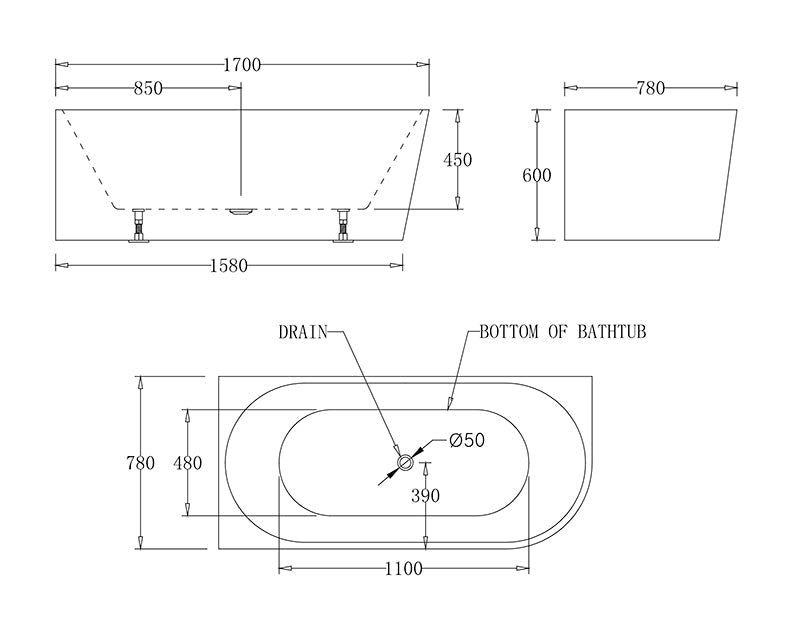 Millan Corner to Left 1500/1700mm Spa Bathtub - Hera Bathware1500mm3 Large Jets & 8 Mini Jets