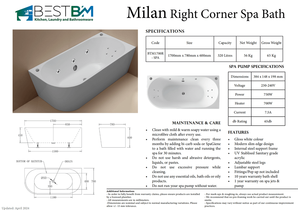 Millan Corner to Right 1500/1700mm Spa Bathtub - Hera Bathware1500mm3 Large Jets & 8 Mini Jets