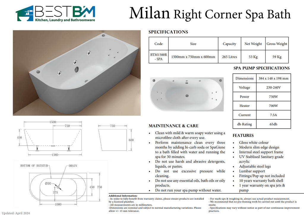 Millan Corner to Right 1500/1700mm Spa Bathtub - Hera Bathware1500mm3 Large Jets & 8 Mini Jets