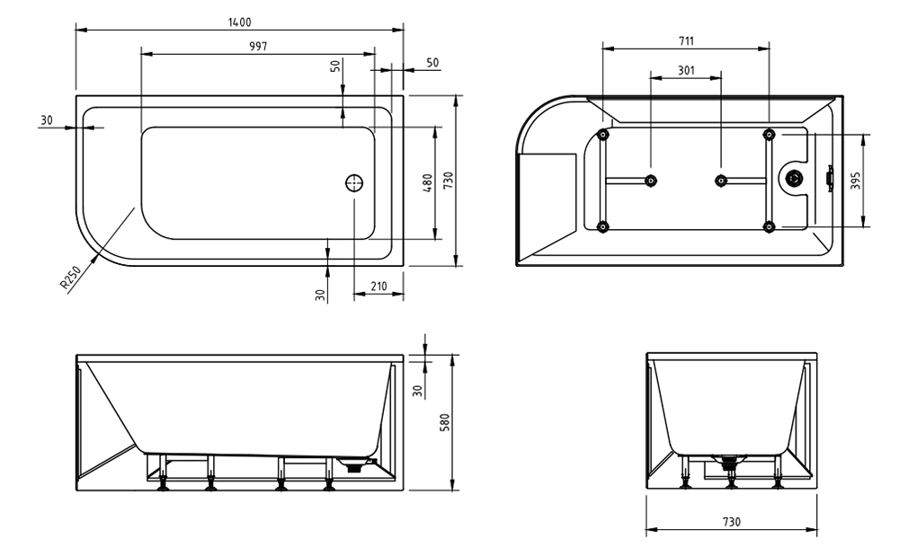 Modica Corner Bathtub - Gloss / Matte White - Hera Bathware1400mm / RIGHTGloss White
