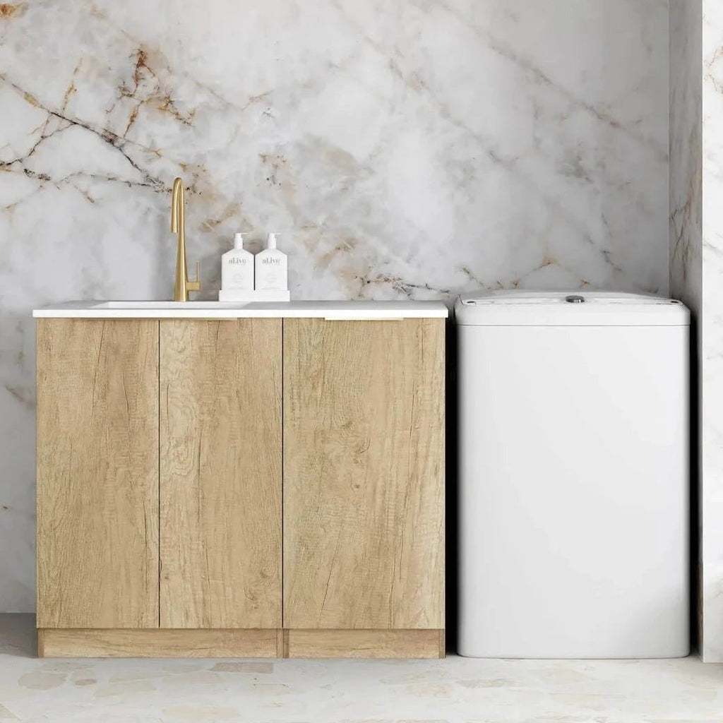 NATURAL OAK BASE LAUNDRY CABINET WITH STONE TOP AND SINK 1060X600X900MM - Hera BathwarePure White Quartz TopBrushed Gold