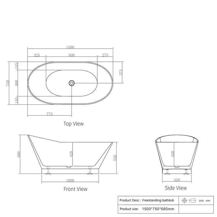 NEW YORK Gloss White Free Standing Bathtub - Hera Bathware1500mmGloss White