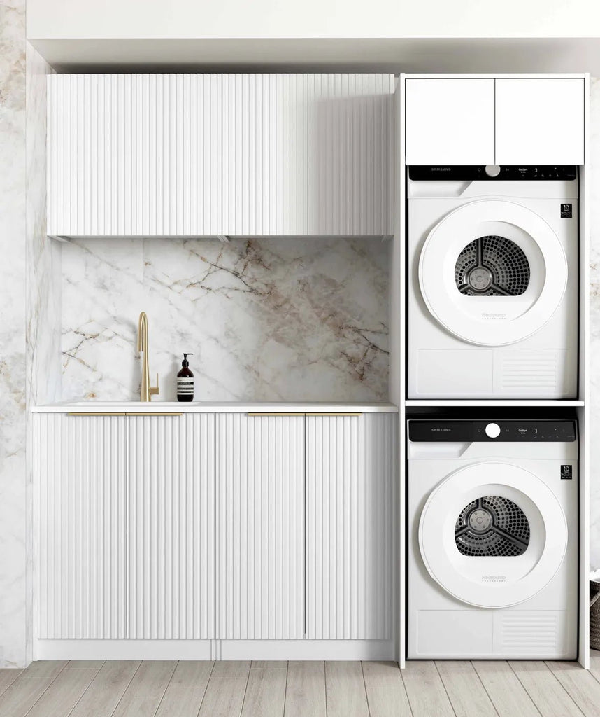 Noosa White Fluted Laundry Cabinet with Stone Top and Sink | 1960*600*2100mm - Hera Bathware1960AMatte White