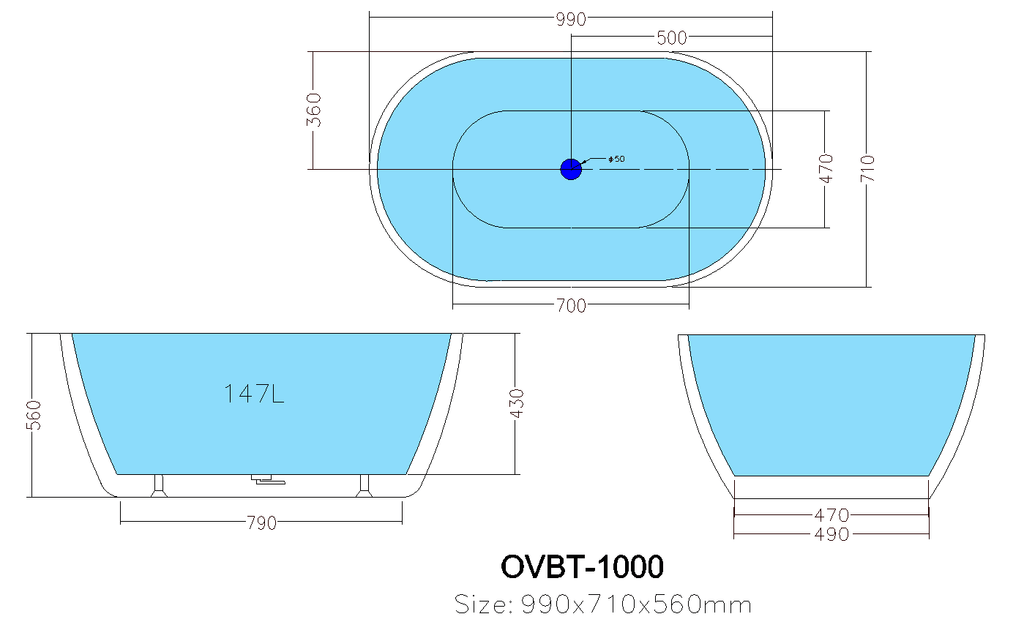 Olivia Oval Freestanding Bathtub | Compact Bathtubs - Hera Bathware1000mm