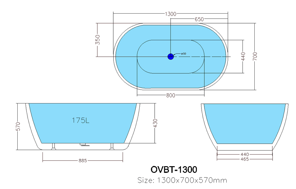 Olivia Oval Freestanding Bathtub | Compact Bathtubs - Hera Bathware1300mm