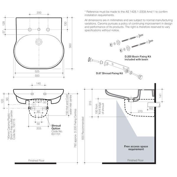 OPAL Sole Wall Basin 550mm | CAROMA - Hera Bathware