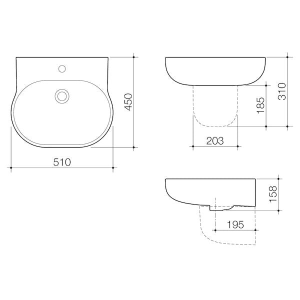 OPAL Wall Basin 510mm | CAROMA - Hera Bathware1 Tap Hole
