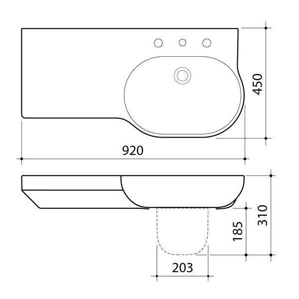 OPAL Wall Basin 920mm Left Hand Shelf | CAROMA - Hera Bathware3 Tap Hole