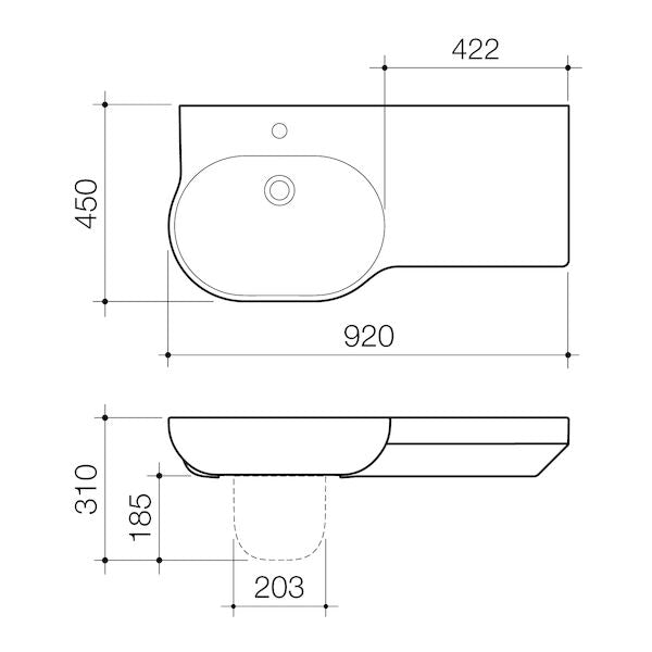 OPAL Wall Basin 920mm Right Hand Shelf | CAROMA - Hera Bathware3 Tap Hole